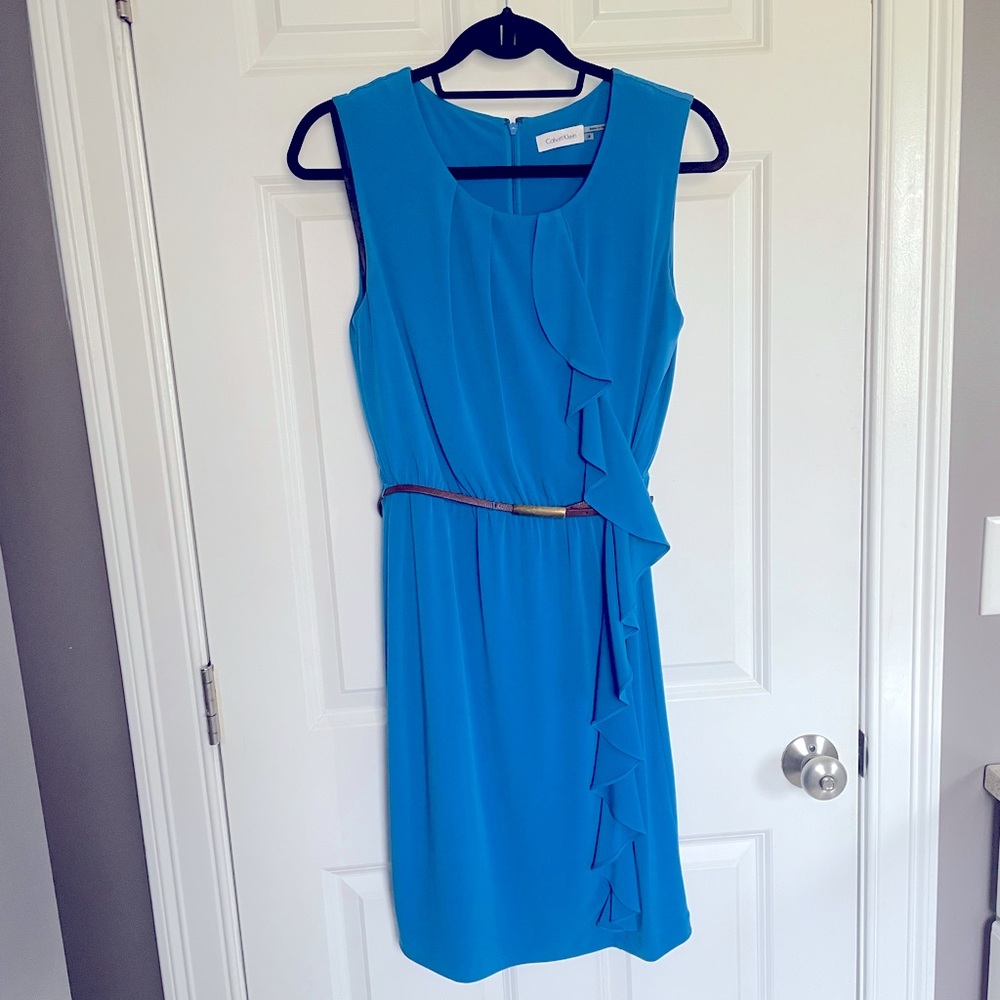 Calvin Klein sleeveless ruffle front belted dress - Blue (Size 4)